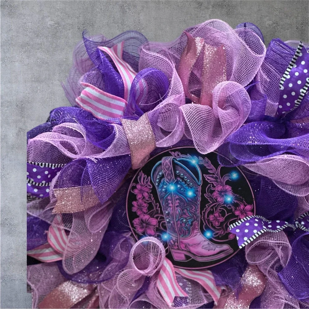 Handmade Western Mesh Wreath; Purple and Pink Wreath with a Western Flair